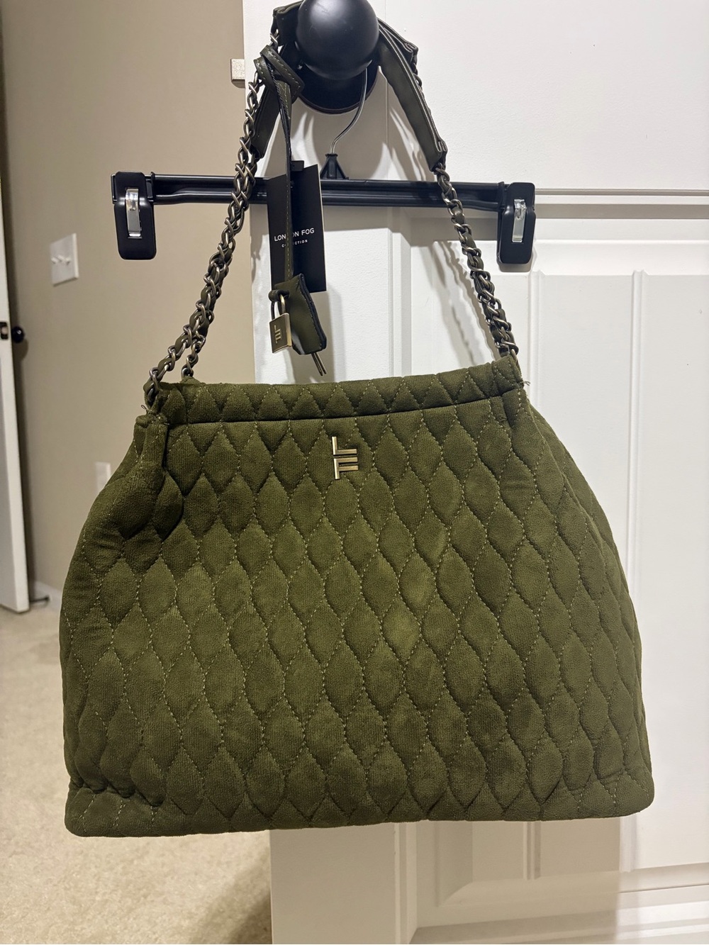 London Fog Olive Quilted Shoulder Bag with Chain-Strap